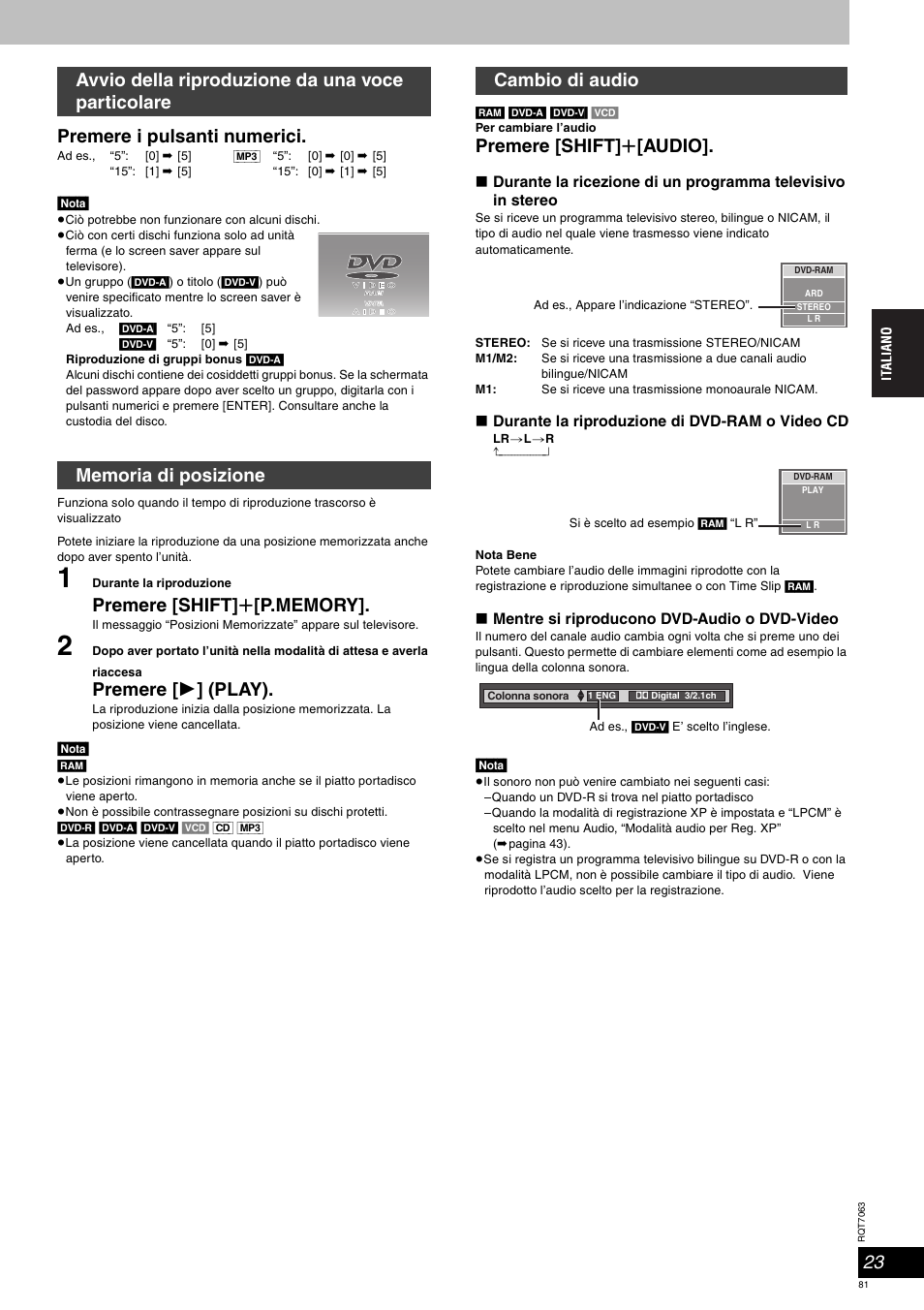 Premere i pulsanti numerici, Premere [ 1 ] (play), Premere [shift] r [audio | Panasonic SCHT1000 User Manual | Page 81 / 176