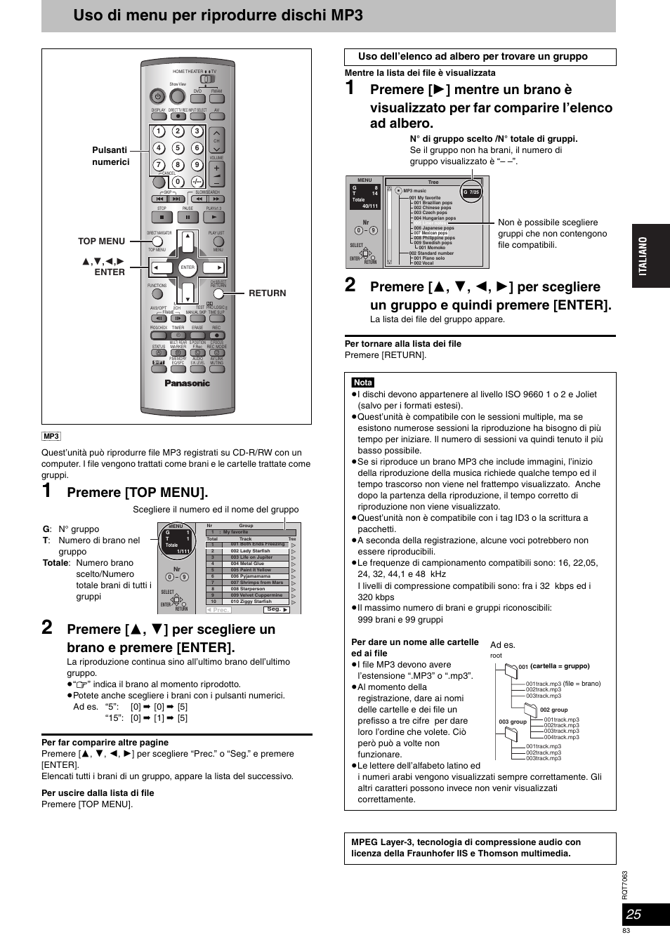 Uso di menu per riprodurre dischi mp3, Premere [top menu | Panasonic SCHT1000 User Manual | Page 83 / 176