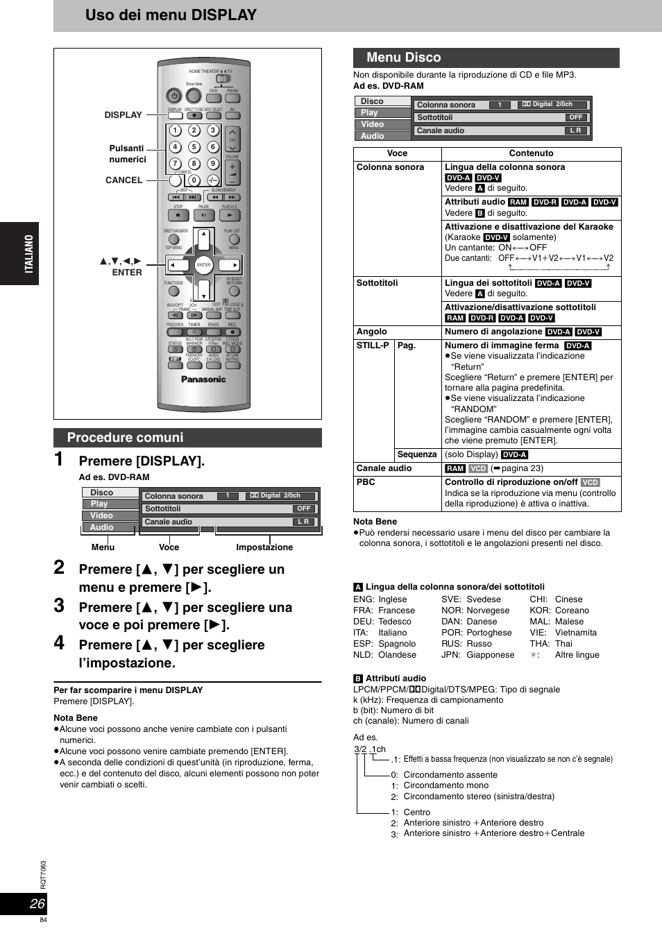 Uso dei menu display, Premere [display, Premere [ 3 , 4 ] per scegliere l’impostazione | Procedure comuni, Menu disco | Panasonic SCHT1000 User Manual | Page 84 / 176