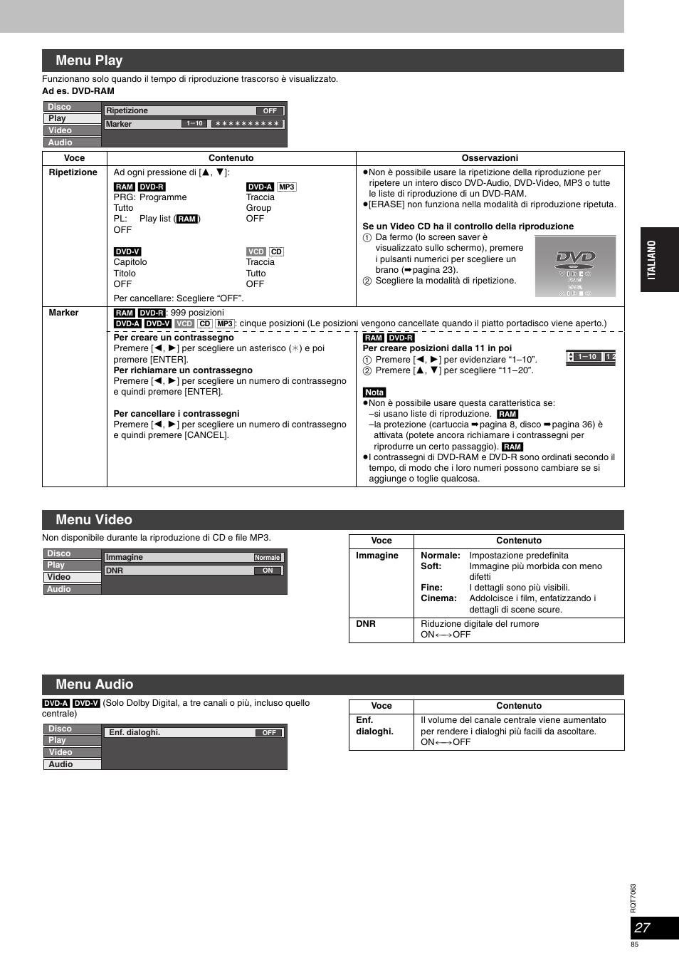 Menu play, Menu video, Menu audio | Panasonic SCHT1000 User Manual | Page 85 / 176