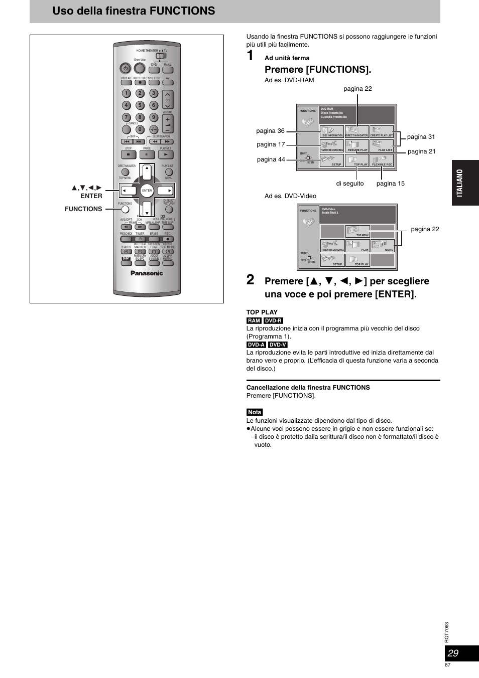 Uso della finestra functions, Premere [functions, Nota | Panasonic SCHT1000 User Manual | Page 87 / 176