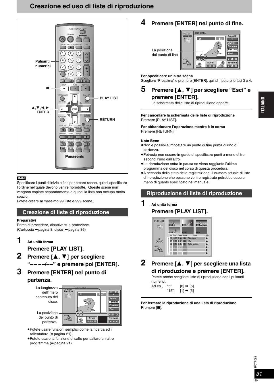 Creazione ed uso di liste di riproduzione, Premere [play list, Premere [enter] nel punto di partenza | Premere [enter] nel punto di fine, Creazione di liste di riproduzione, Riproduzione di liste di riproduzione | Panasonic SCHT1000 User Manual | Page 89 / 176