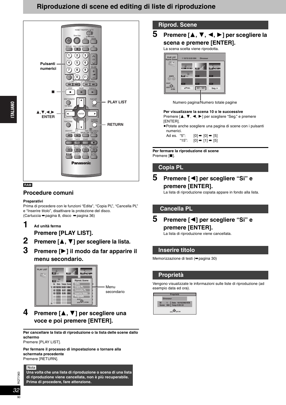 Procedure comuni, Premere [play list, Premere [ 3 , 4 ] per scegliere la lista | Premere [ 2 ] per scegliere “si” e premere [enter, Nota | Panasonic SCHT1000 User Manual | Page 90 / 176