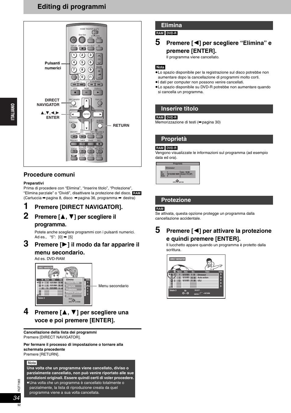 Editing di programmi, Procedure comuni, Premere [direct navigator | Premere [ 3 , 4 ] per scegliere il programma, Elimina inserire titolo proprietà protezione, Nota | Panasonic SCHT1000 User Manual | Page 92 / 176