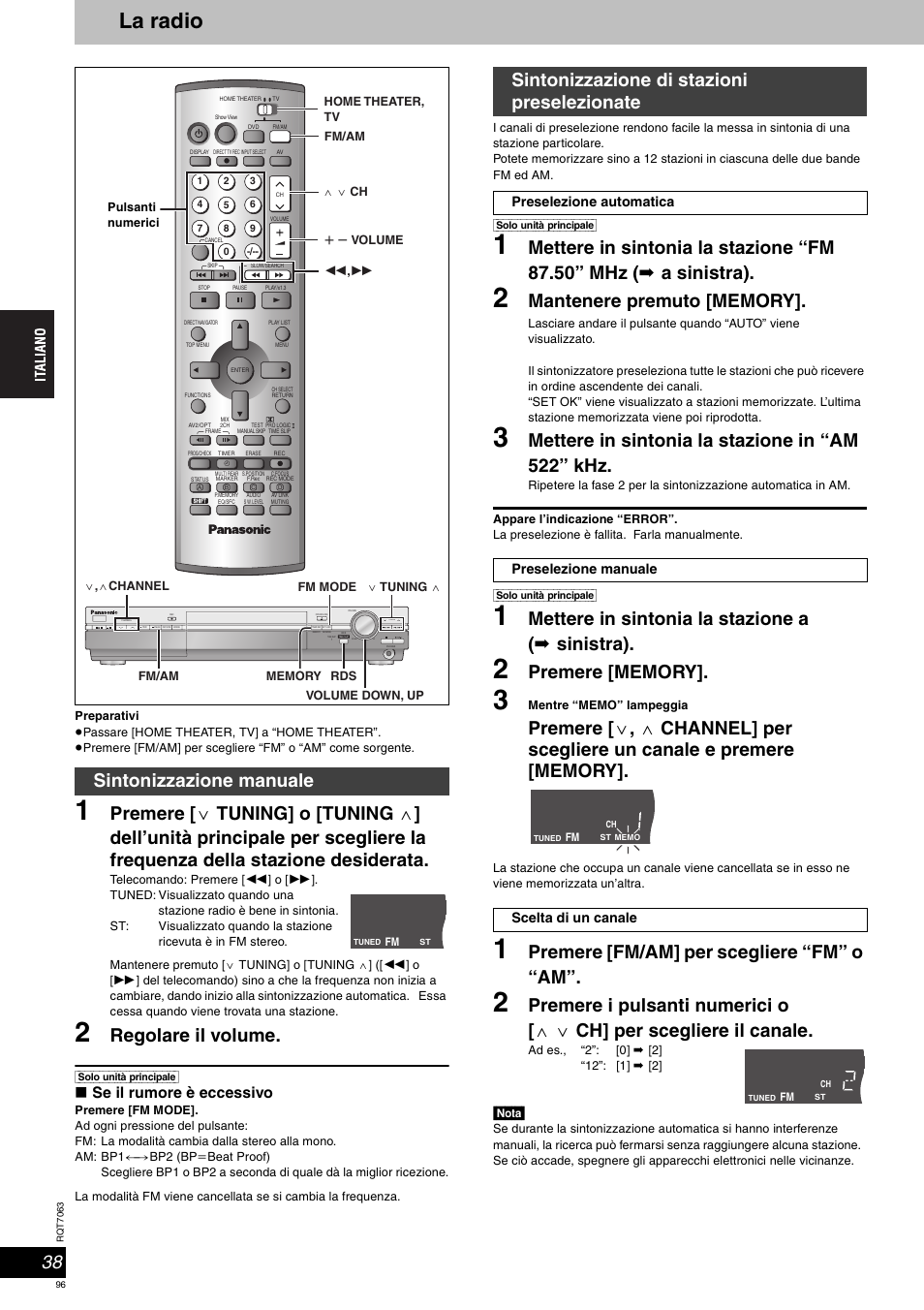 La radio, Regolare il volume, Mettere in sintonia la stazione in “am 522” khz | Mettere in sintonia la stazione a ( ➡ sinistra), Premere [fm/am] per scegliere “fm” o “am, Sintonizzazione manuale, Sintonizzazione di stazioni preselezionate, Se il rumore è eccessivo | Panasonic SCHT1000 User Manual | Page 96 / 176
