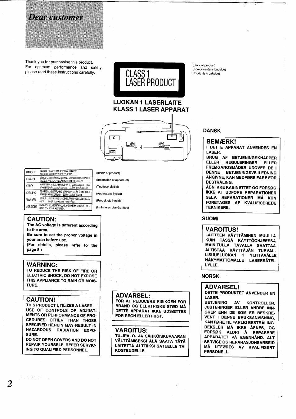 Dear customer, Luokan 1 laserlaite klass 1 laser apparat, Caution | Warning, Cautioni, Advarsel, Varoitus, Dansk, Bemærk, Suomi | Panasonic RXDS05 User Manual | Page 2 / 88