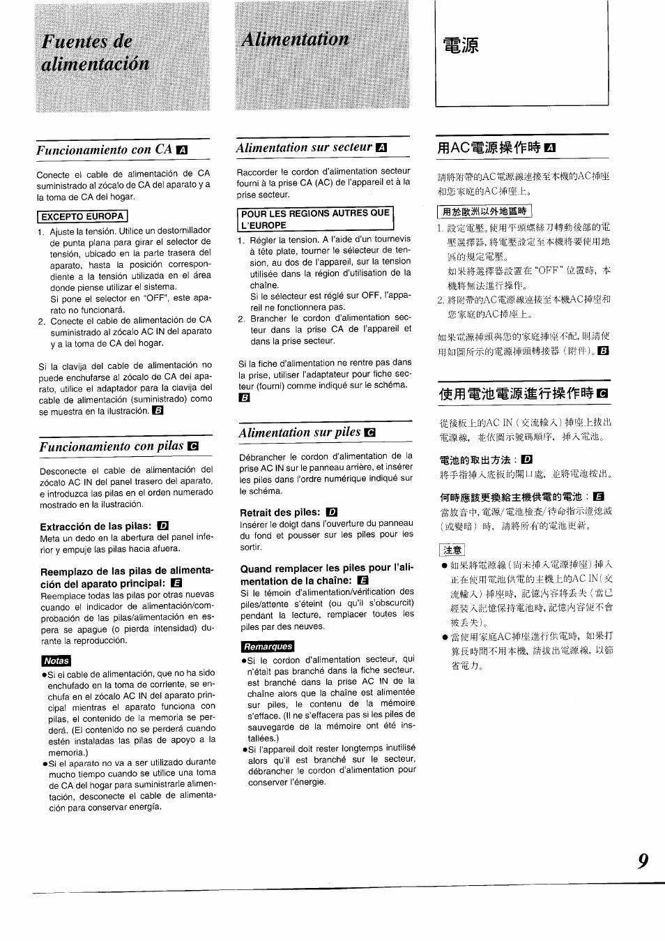 Fuentes de alimentación, Alimentation, Extracción de las pilas: b | Retrait des piles: b, Cable de alimentación, Fuentes de alimentación alimentation, Fflíph^tféfj'síifipsiffííll, Funcionamiento con ca, Funcionamiento con pilas, Alimentation sur secteur | Panasonic RXDS05 User Manual | Page 9 / 88