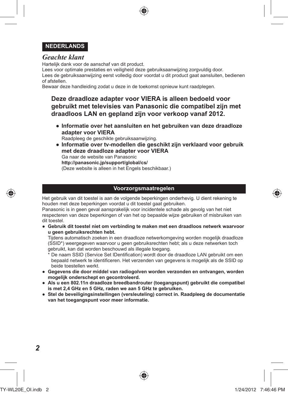Geachte klant | Panasonic TYWL20E User Manual | Page 22 / 42
