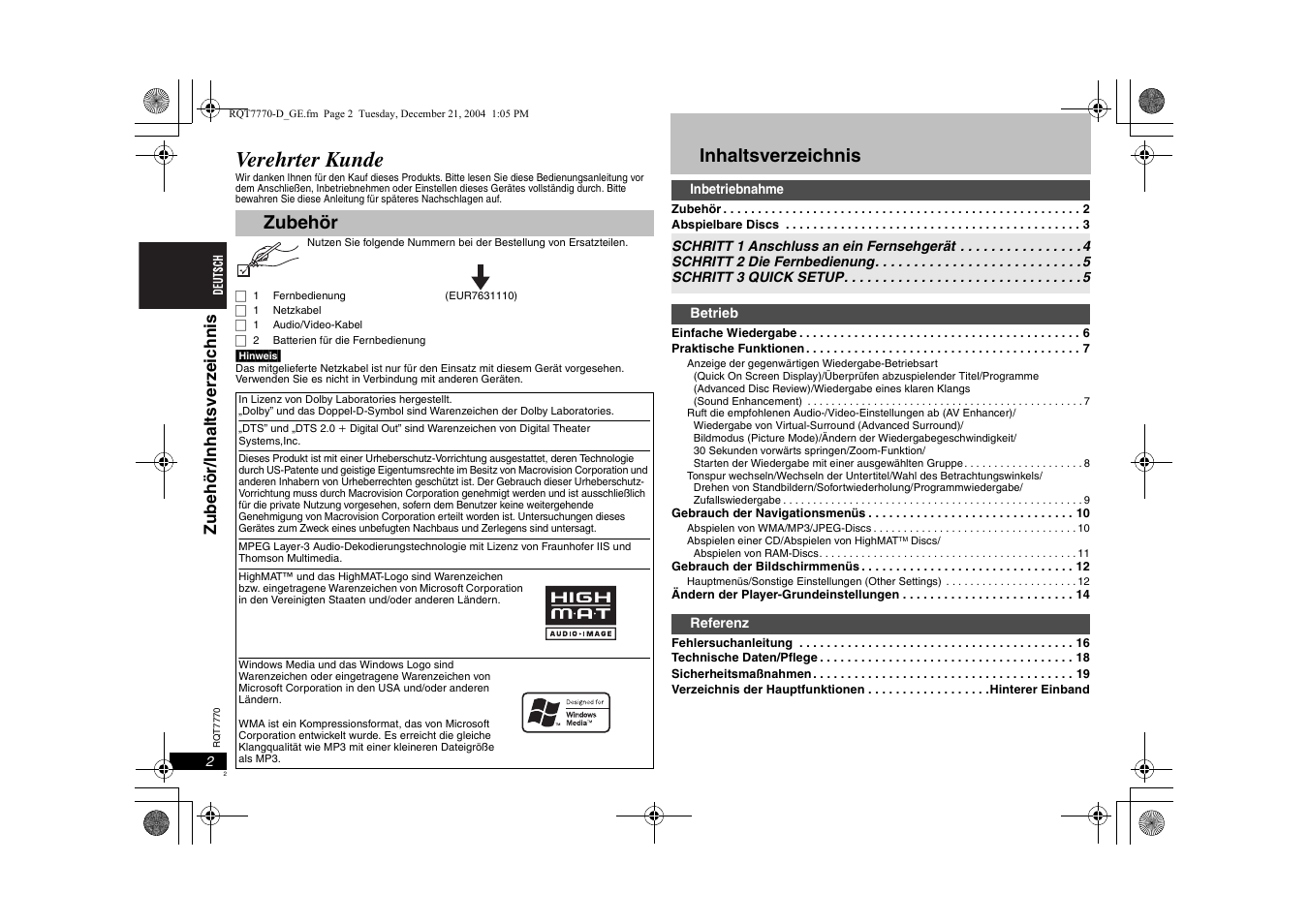 Panasonic DVDS29 User Manual | Page 2 / 96
