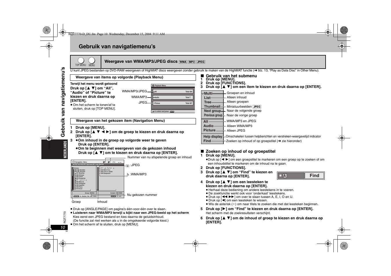 Gebruik van navigatiemenu’s, Find | Panasonic DVDS29 User Manual | Page 64 / 96