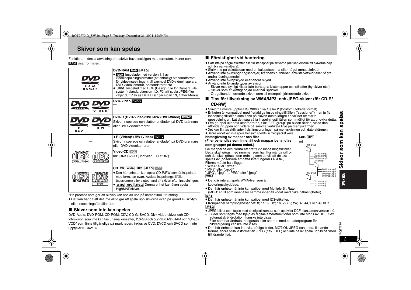 Skivor som kan spelas, Skiv or som k an spel as | Panasonic DVDS29 User Manual | Page 75 / 96