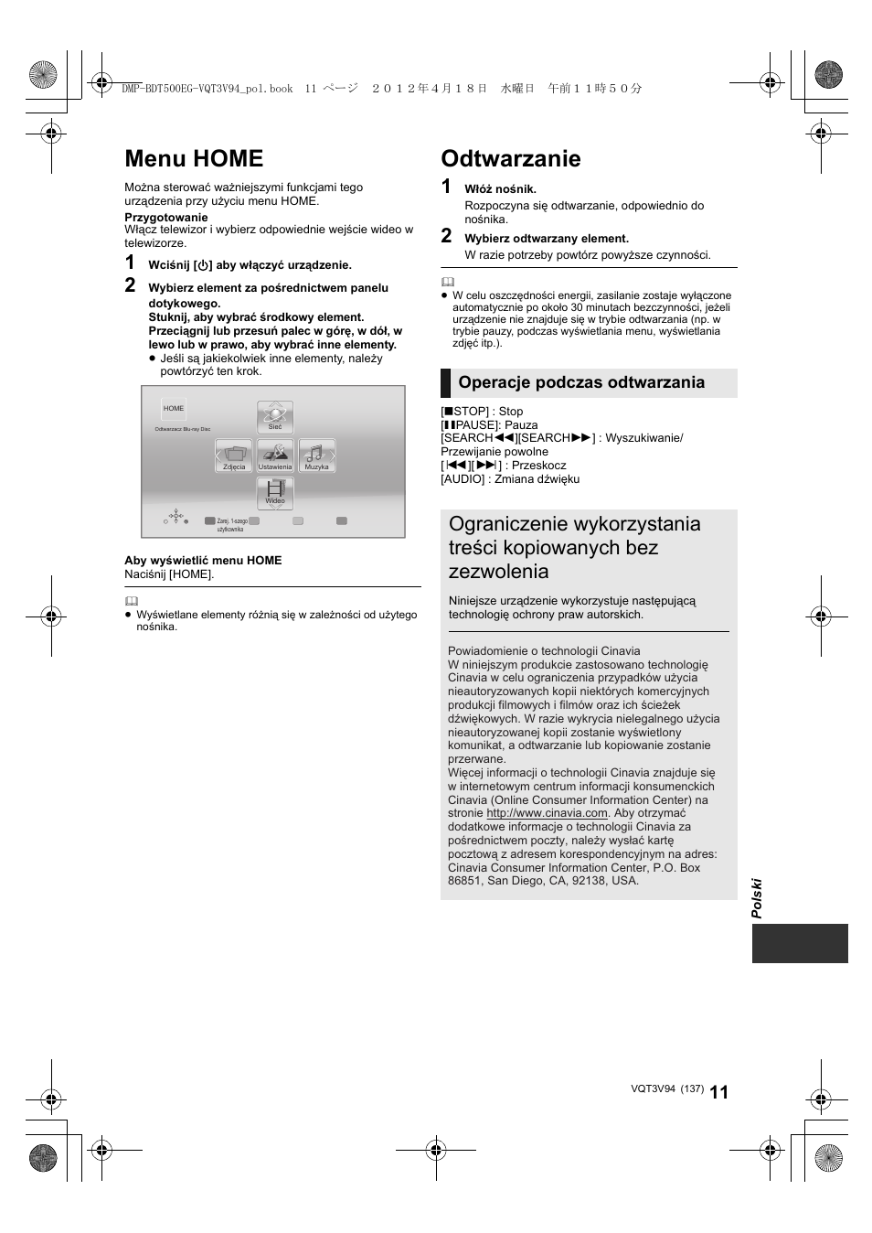 Menu home, Odtwarzanie, Operacje podczas odtwarzania | Panasonic DMPBDT500EG User Manual | Page 137 / 156