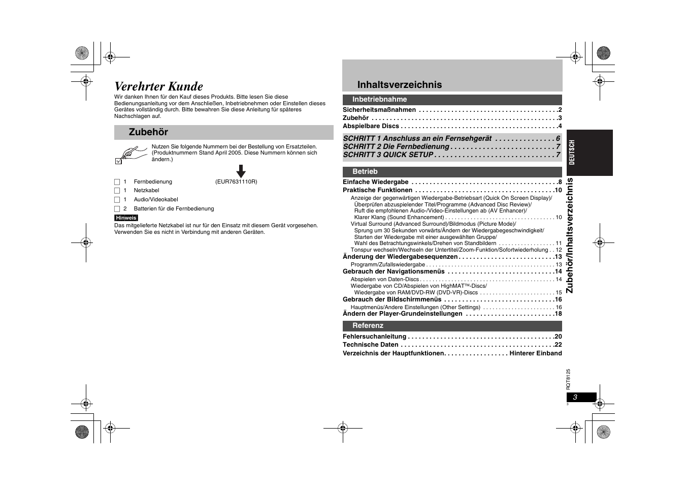 Verehrter kunde, Zubehör inhaltsverzeichnis, Zubehör /i nhal tsver z e ic hnis | Panasonic DVDS295 User Manual | Page 3 / 68