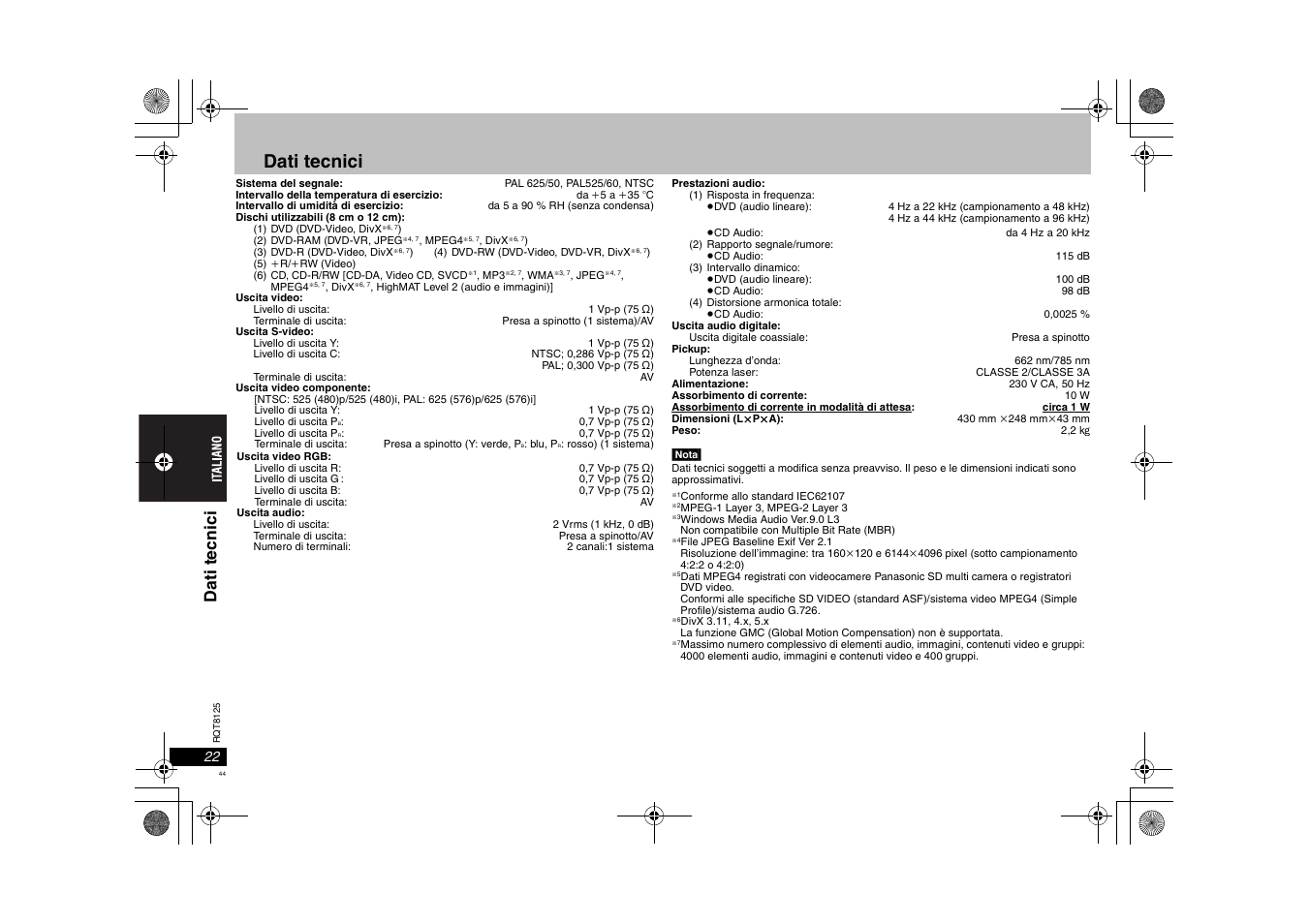 Dati tecnici, Dati t ecni ci | Panasonic DVDS295 User Manual | Page 44 / 68
