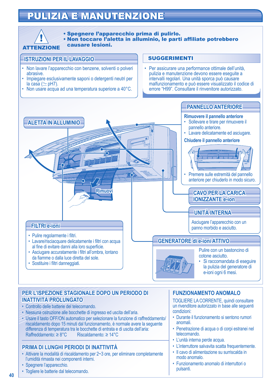 Pulizia e manutenzione | Panasonic CU3E18JBE User Manual | Page 8 / 10