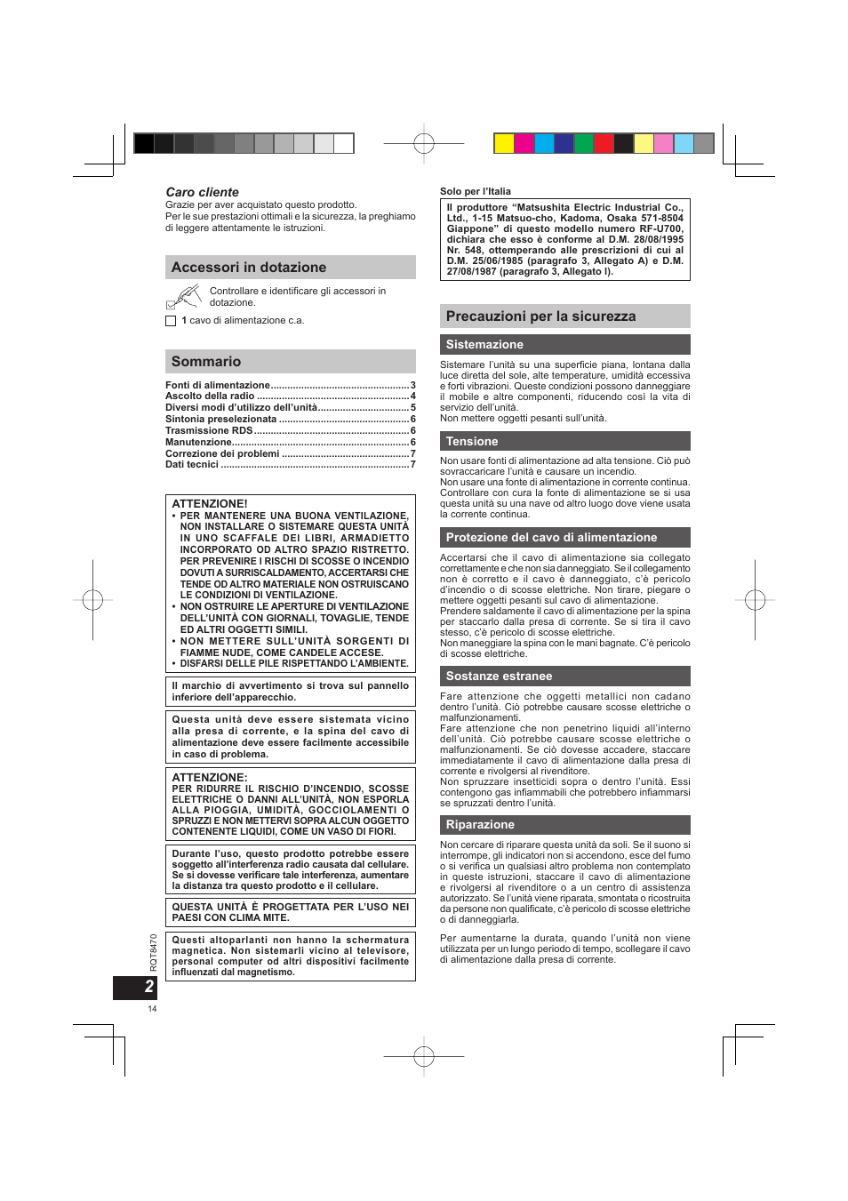 Accessori in dotazione sommario, Precauzioni per la sicurezza | Panasonic RFU700 User Manual | Page 14 / 80