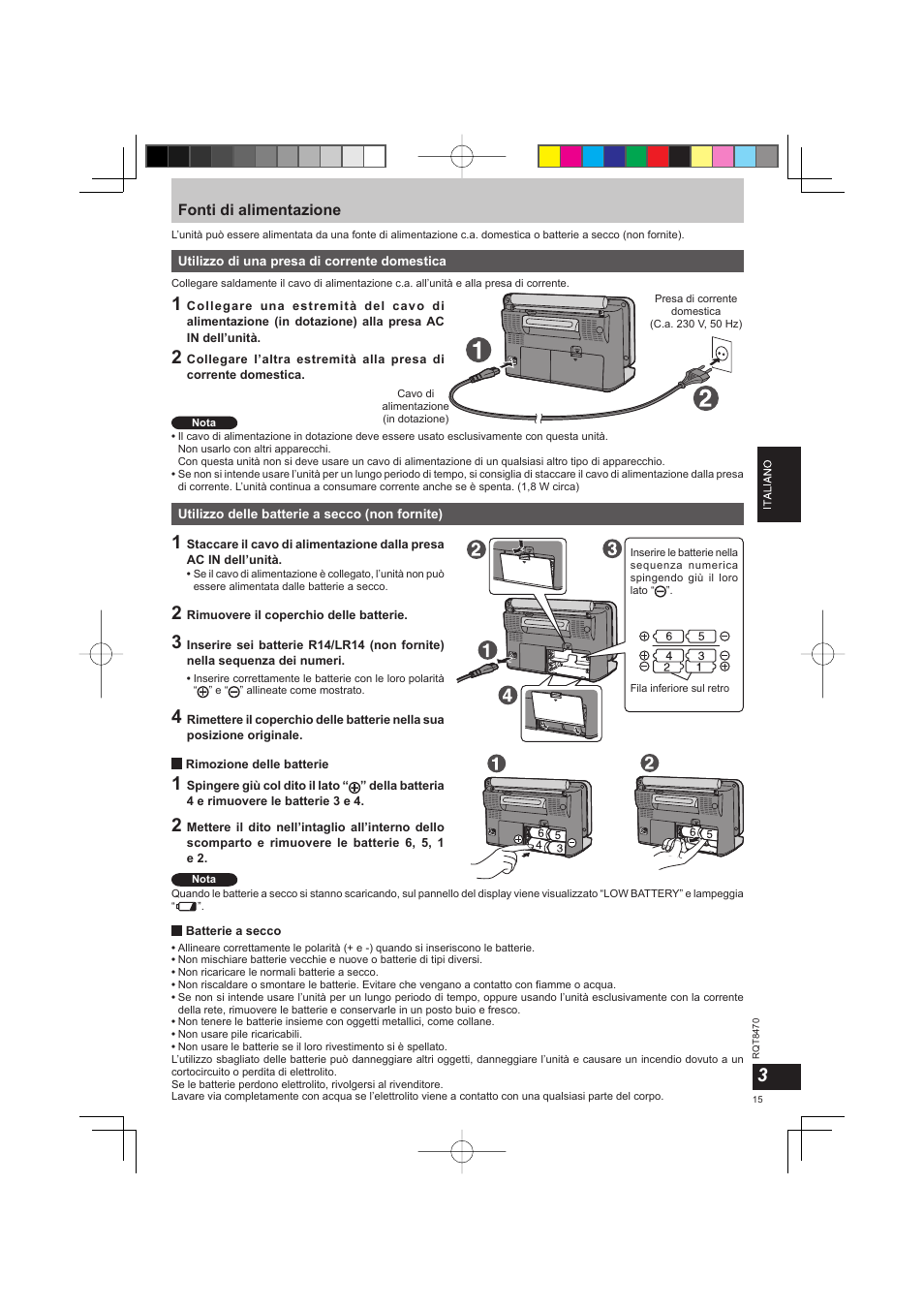 Fonti di alimentazione | Panasonic RFU700 User Manual | Page 15 / 80