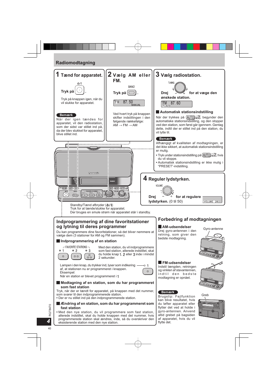 Radiomodtagning tænd for apparatet, Vælg am eller fm, Vælg radiostation | Reguler lydstyrken, Forbedring af modtagningen | Panasonic RFU700 User Manual | Page 40 / 80