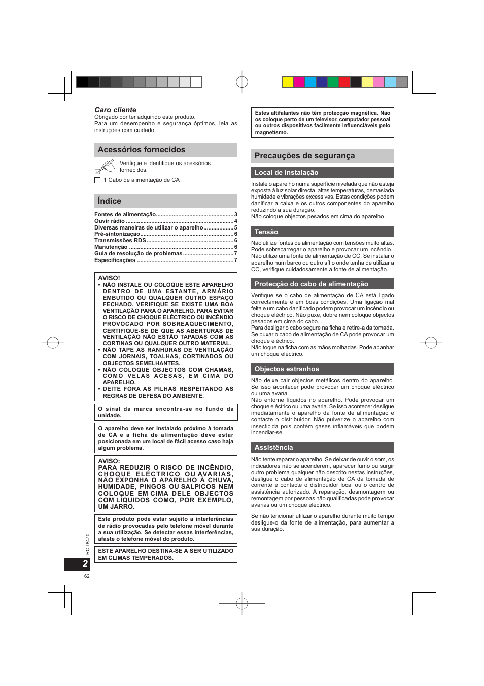 Acessórios fornecidos índice, Precauções de segurança | Panasonic RFU700 User Manual | Page 62 / 80