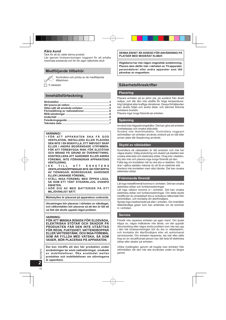 Medföljande tillbehör innehållsförteckning, Säkerhetsföreskrifter | Panasonic RFU700 User Manual | Page 74 / 80