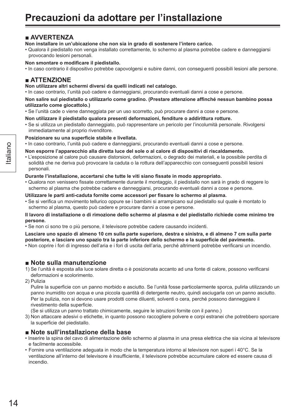 Precauzioni da adottare per l’installazione, Italiano | Panasonic TYST65VX100 User Manual | Page 14 / 44