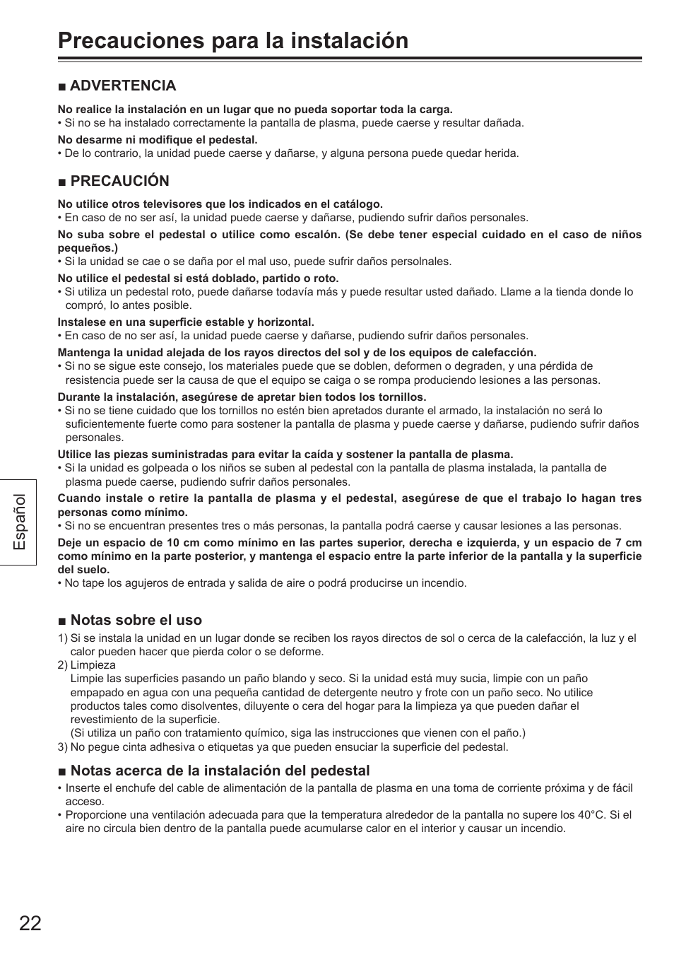 Precauciones para la instalación, Español | Panasonic TYST65VX100 User Manual | Page 22 / 44
