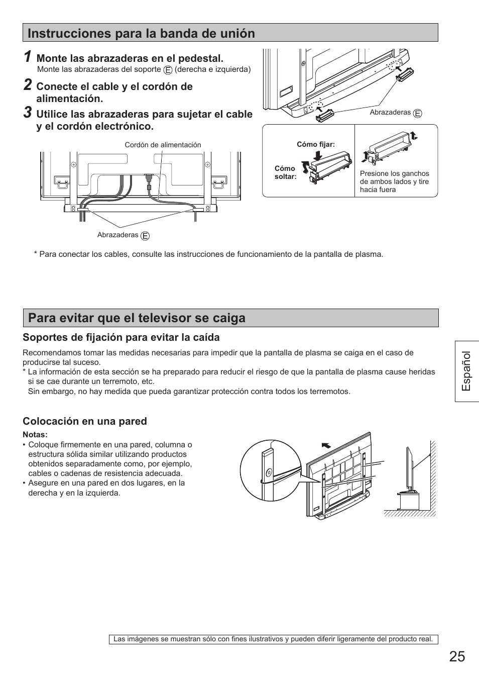 Instrucciones para la banda de unión, Para evitar que el televisor se caiga | Panasonic TYST65VX100 User Manual | Page 25 / 44
