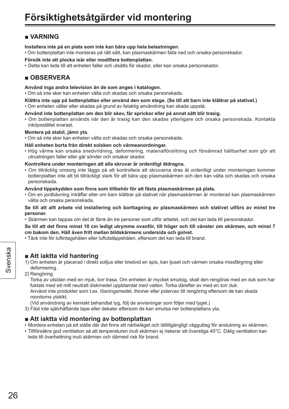 Försiktighetsåtgärder vid montering, Svenska | Panasonic TYST65VX100 User Manual | Page 26 / 44