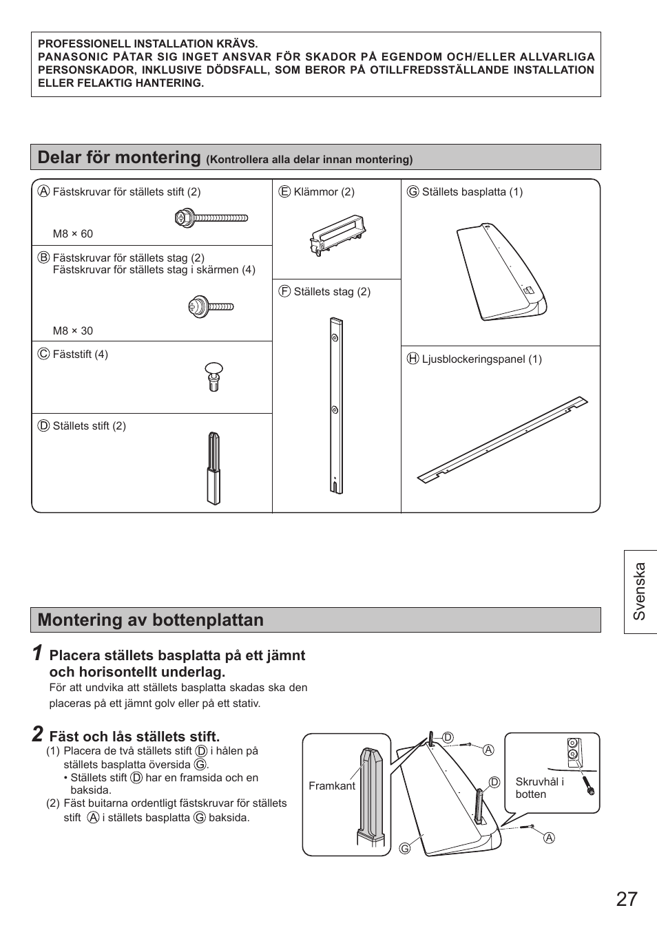 Montering av bottenplattan, Delar för montering, Svenska | Panasonic TYST65VX100 User Manual | Page 27 / 44
