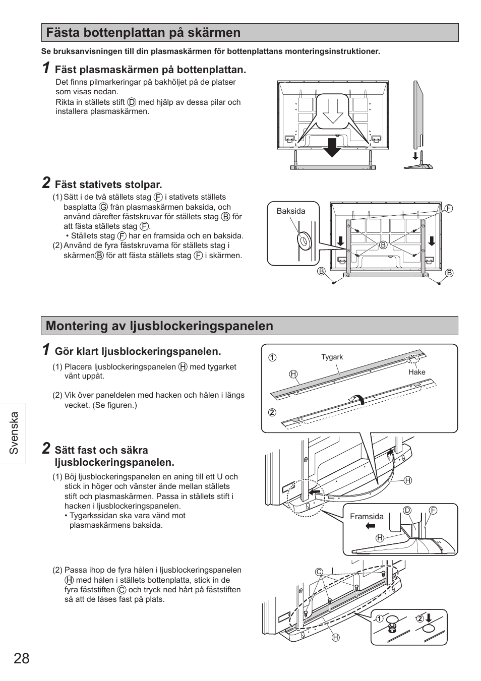 Montering av ljusblockeringspanelen, Fästa bottenplattan på skärmen, Svenska | Panasonic TYST65VX100 User Manual | Page 28 / 44