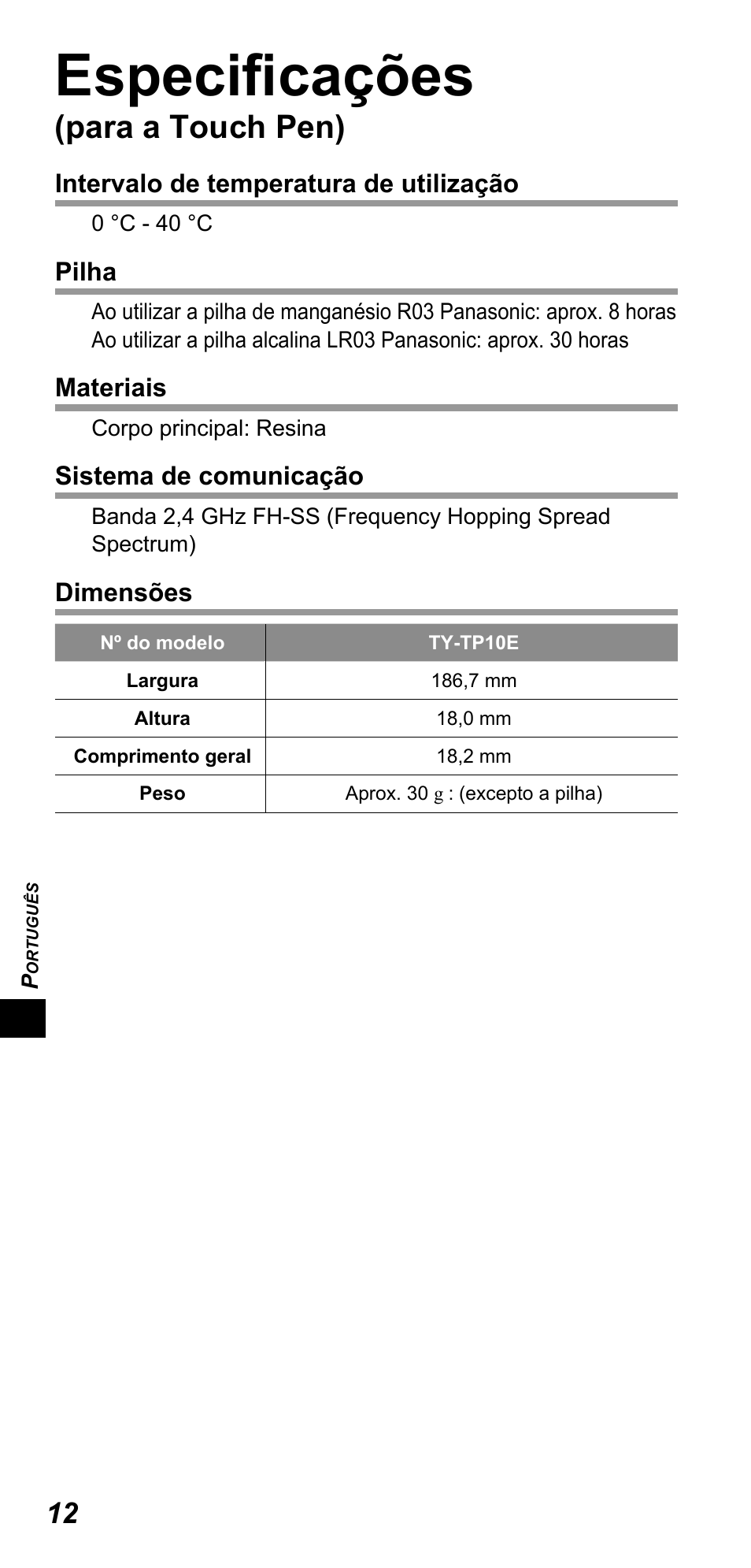 Especifi cações, Para a touch pen) | Panasonic TYTP10E User Manual | Page 106 / 216