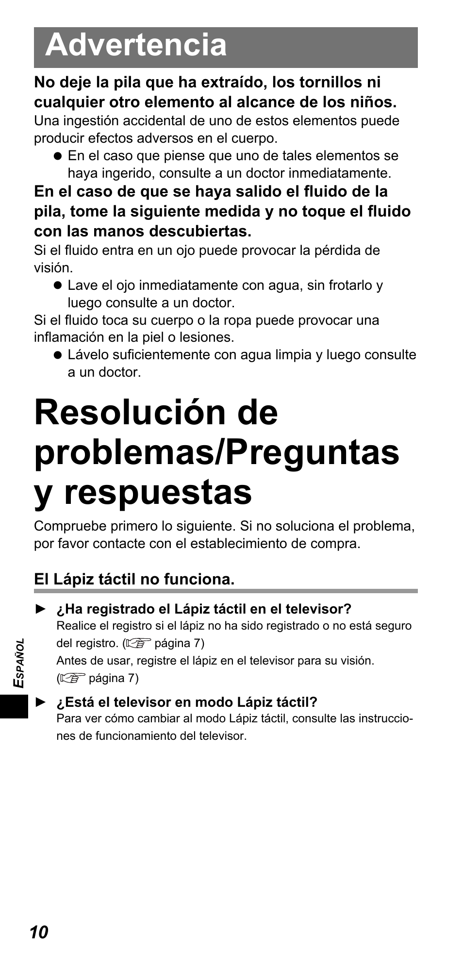 Resolución de problemas/preguntas y respuestas, Advertencia | Panasonic TYTP10E User Manual | Page 132 / 216