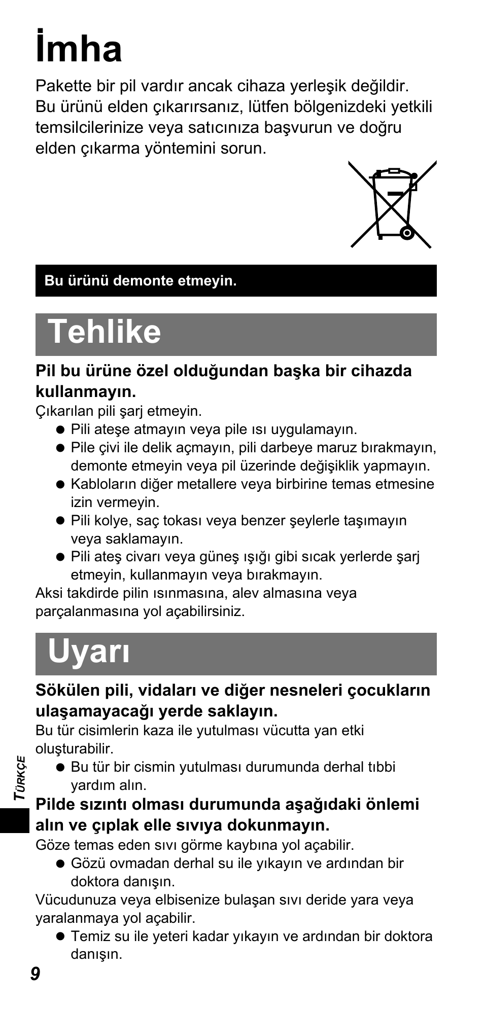 Imha, Tehlike, Uyarı | Panasonic TYTP10E User Manual | Page 158 / 216