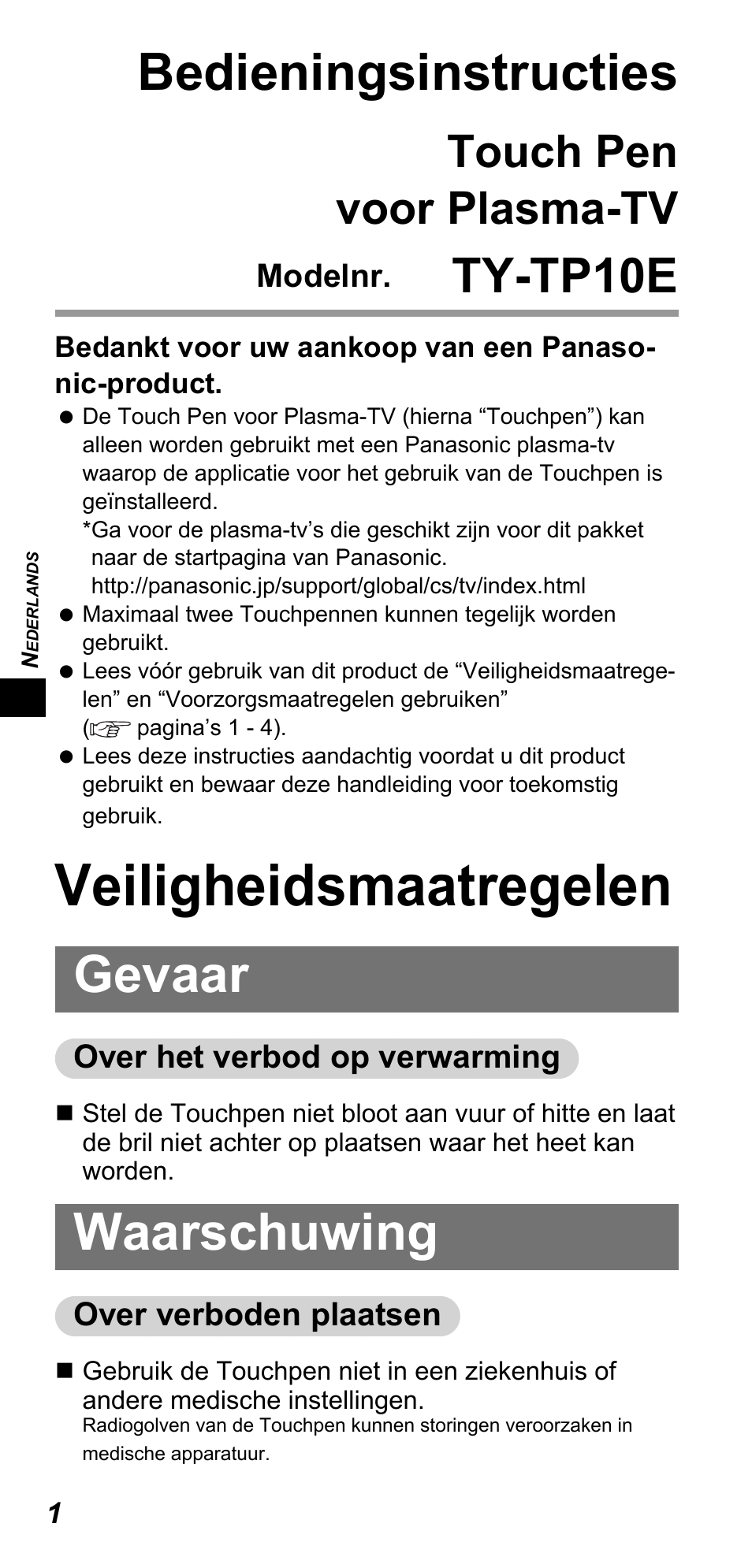 Veiligheidsmaatregelen, Bedieningsinstructies, Gevaar | Waarschuwing, Ty-tp10e, Touch pen voor plasma-tv | Panasonic TYTP10E User Manual | Page 28 / 216