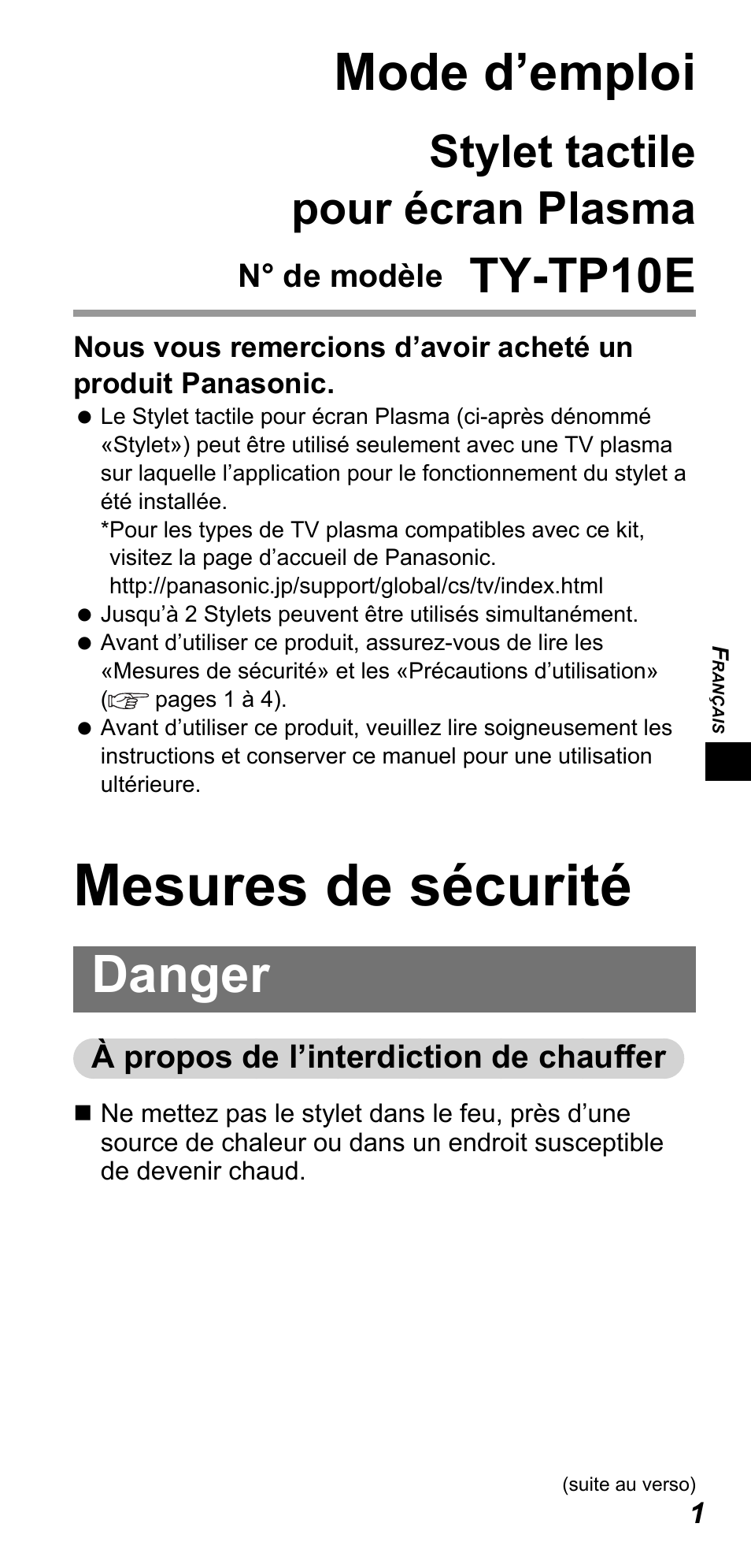 Mesures de sécurité, Mode d’emploi, Danger | Ty-tp10e, Stylet tactile pour écran plasma | Panasonic TYTP10E User Manual | Page 41 / 216
