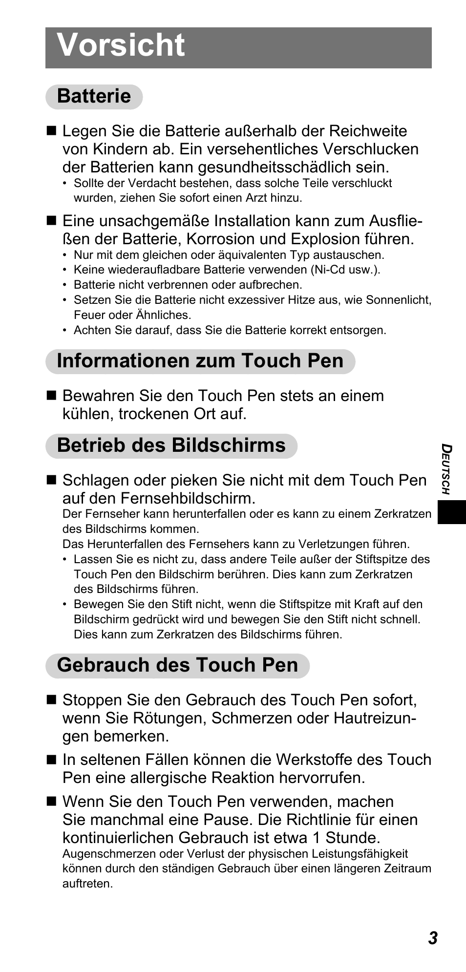 Vorsicht, Batterie, Informationen zum touch pen | Betrieb des bildschirms, Gebrauch des touch pen | Panasonic TYTP10E User Manual | Page 57 / 216