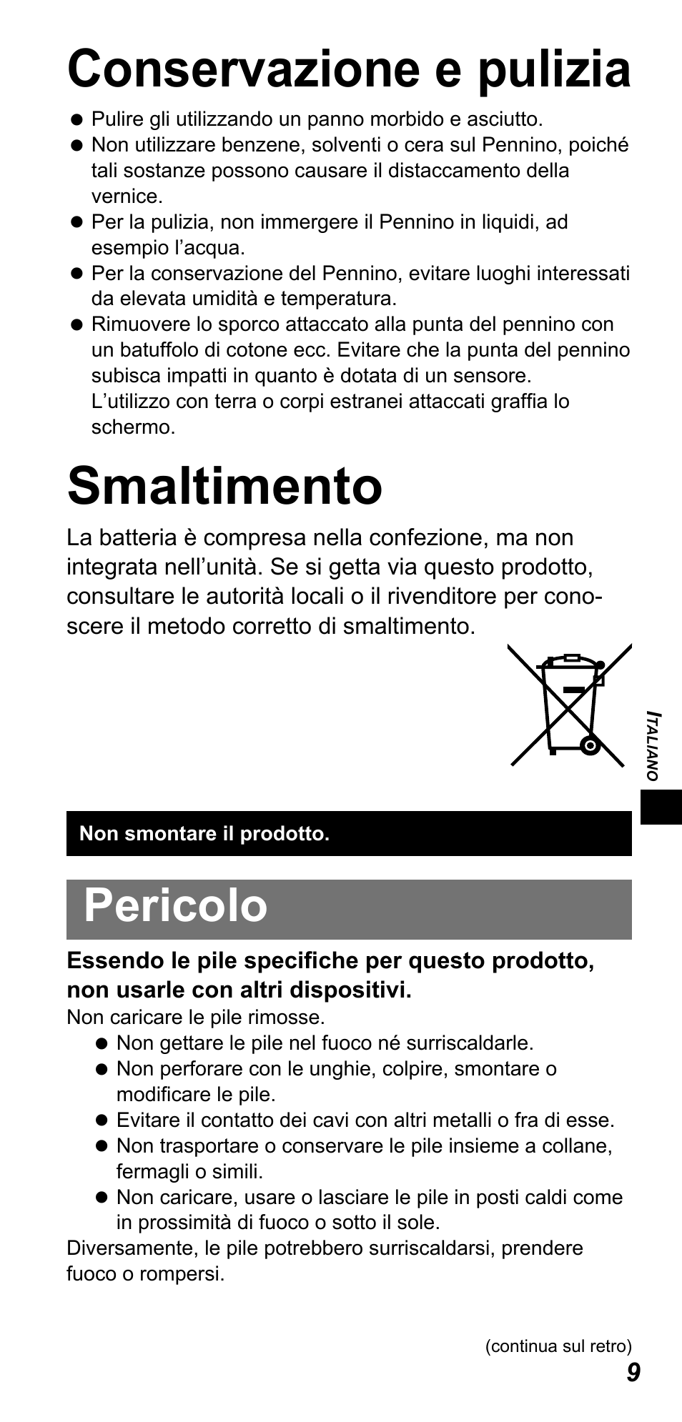 Conservazione e pulizia, Smaltimento, Pericolo | Panasonic TYTP10E User Manual | Page 77 / 216