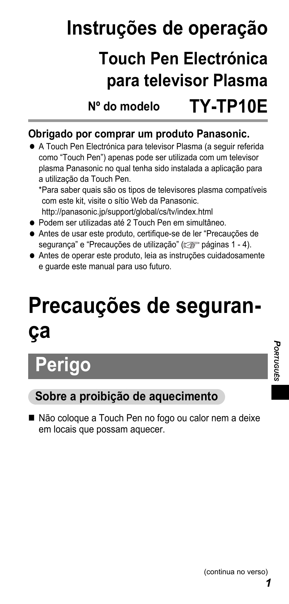 Precauções de seguran- ça, Instruções de operação, Perigo | Ty-tp10e, Touch pen electrónica para televisor plasma | Panasonic TYTP10E User Manual | Page 95 / 216