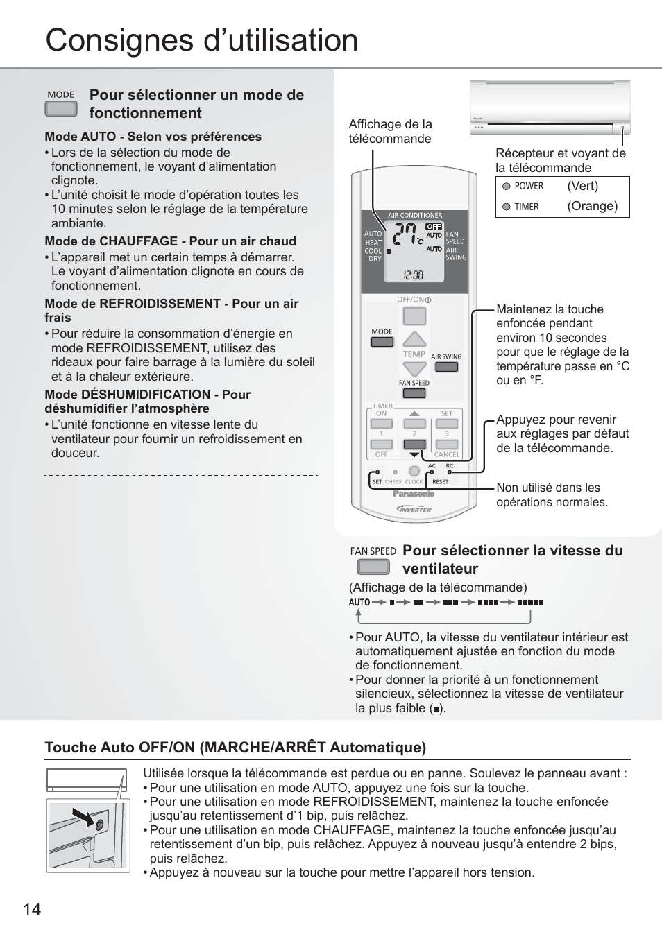 Consignes d’utilisation, Pour sélectionner un mode de fonctionnement, Touche auto off/on (marche/arrêt automatique) | Pour sélectionner la vitesse du ventilateur, Affi chage de la télécommande, Vert), Orange) | Panasonic CUYE9QKE User Manual | Page 14 / 52