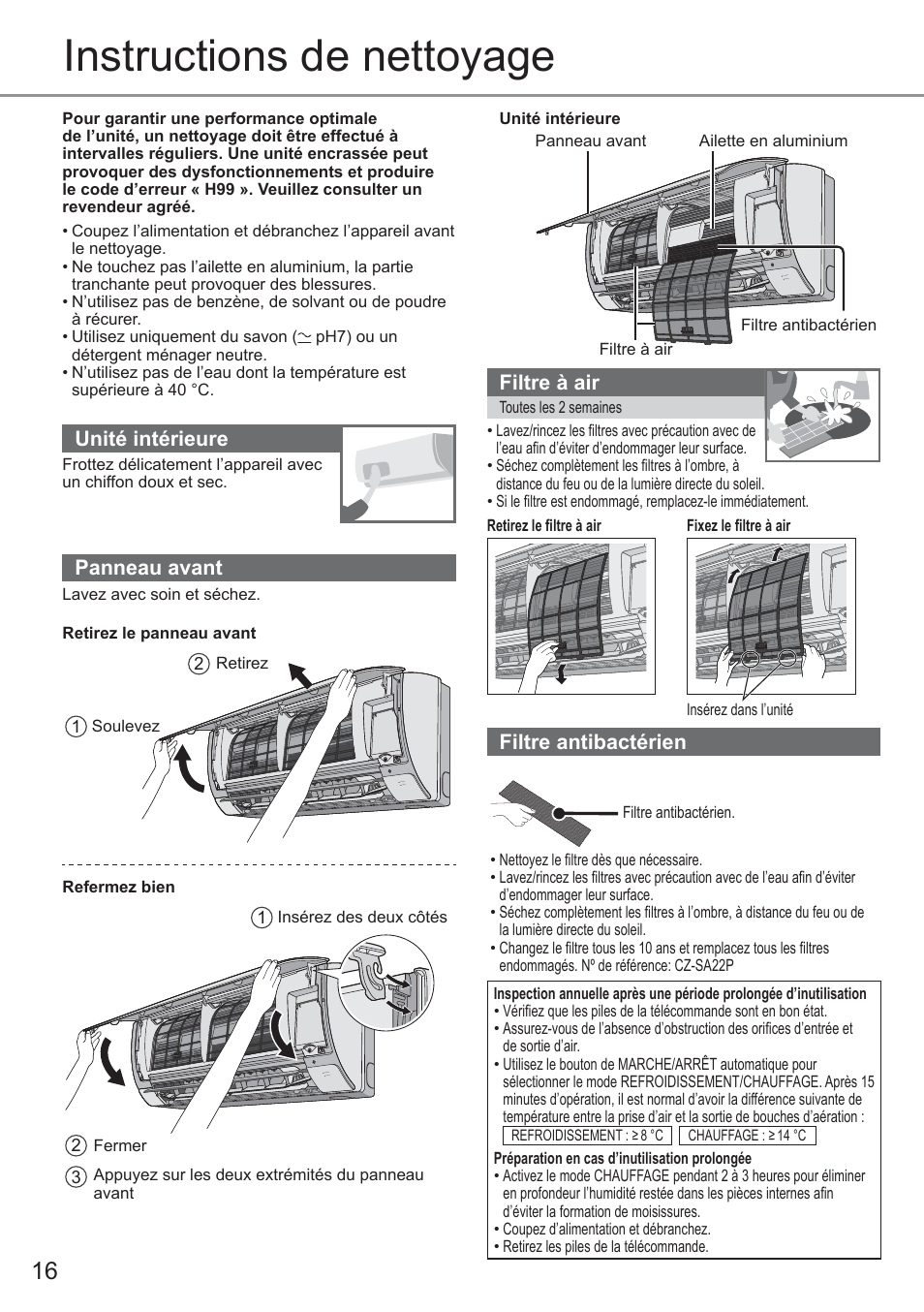 Instructions de nettoyage, Unité intérieure, Panneau avant | Filtre à air, Filtre antibactérien | Panasonic CUYE9QKE User Manual | Page 16 / 52