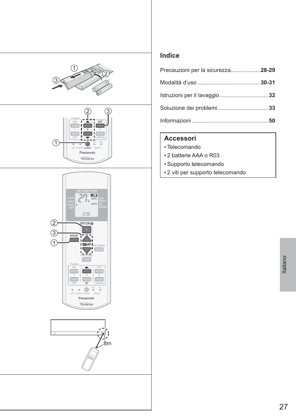Indice, Accessori, 12 3 8m | Panasonic CUYE9QKE User Manual | Page 27 / 52