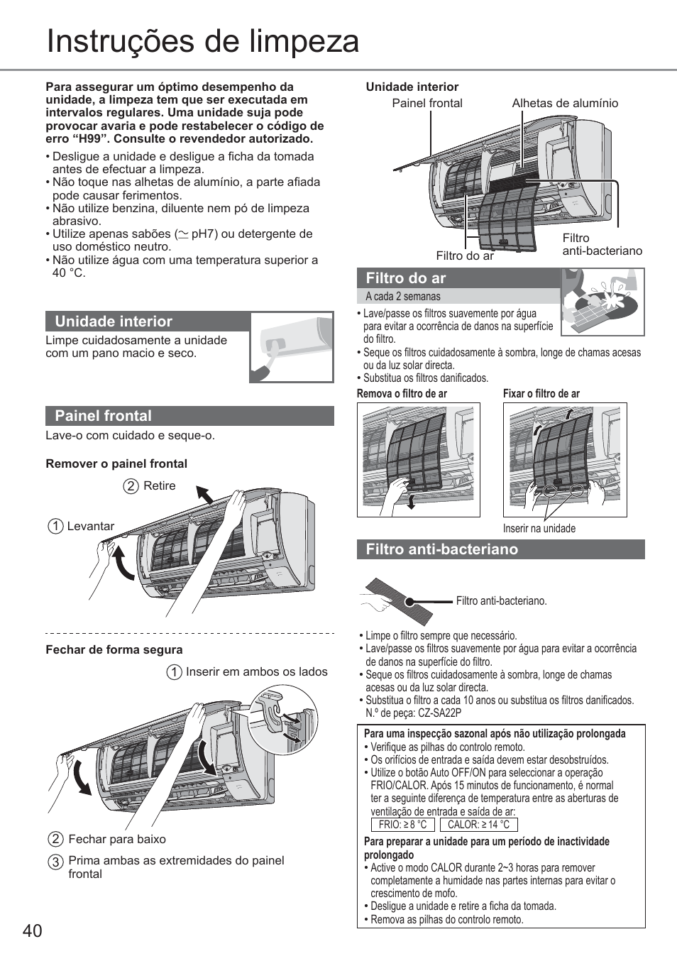 Instruções de limpeza, Unidade interior, Painel frontal | Filtro do ar, Filtro anti-bacteriano | Panasonic CUYE9QKE User Manual | Page 40 / 52