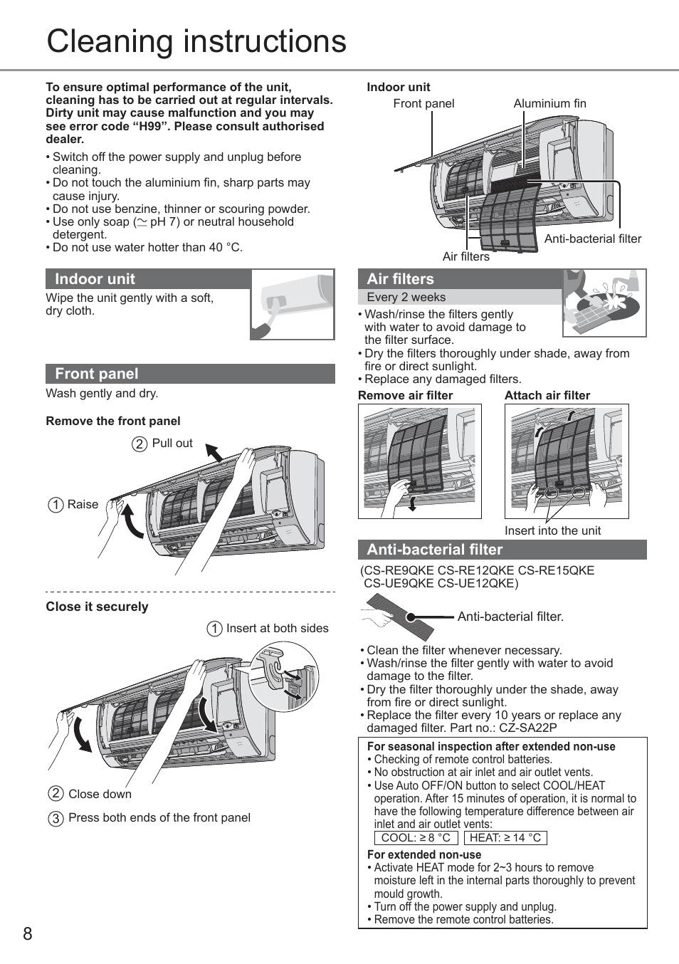 Cleaning instructions, Indoor unit, Front panel | Air fi lters, Anti-bacterial fi lter | Panasonic CUYE9QKE User Manual | Page 8 / 52
