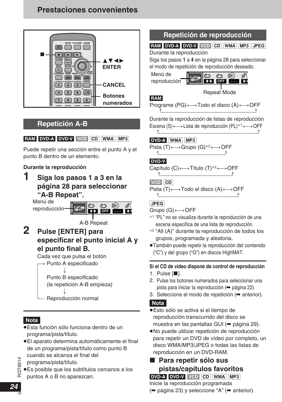 Prestaciones convenientes, Repetición de reproducción, Para repetir sólo sus pistas/capítulos favoritos | Repetición a-b | Panasonic DVDLX9 User Manual | Page 26 / 108