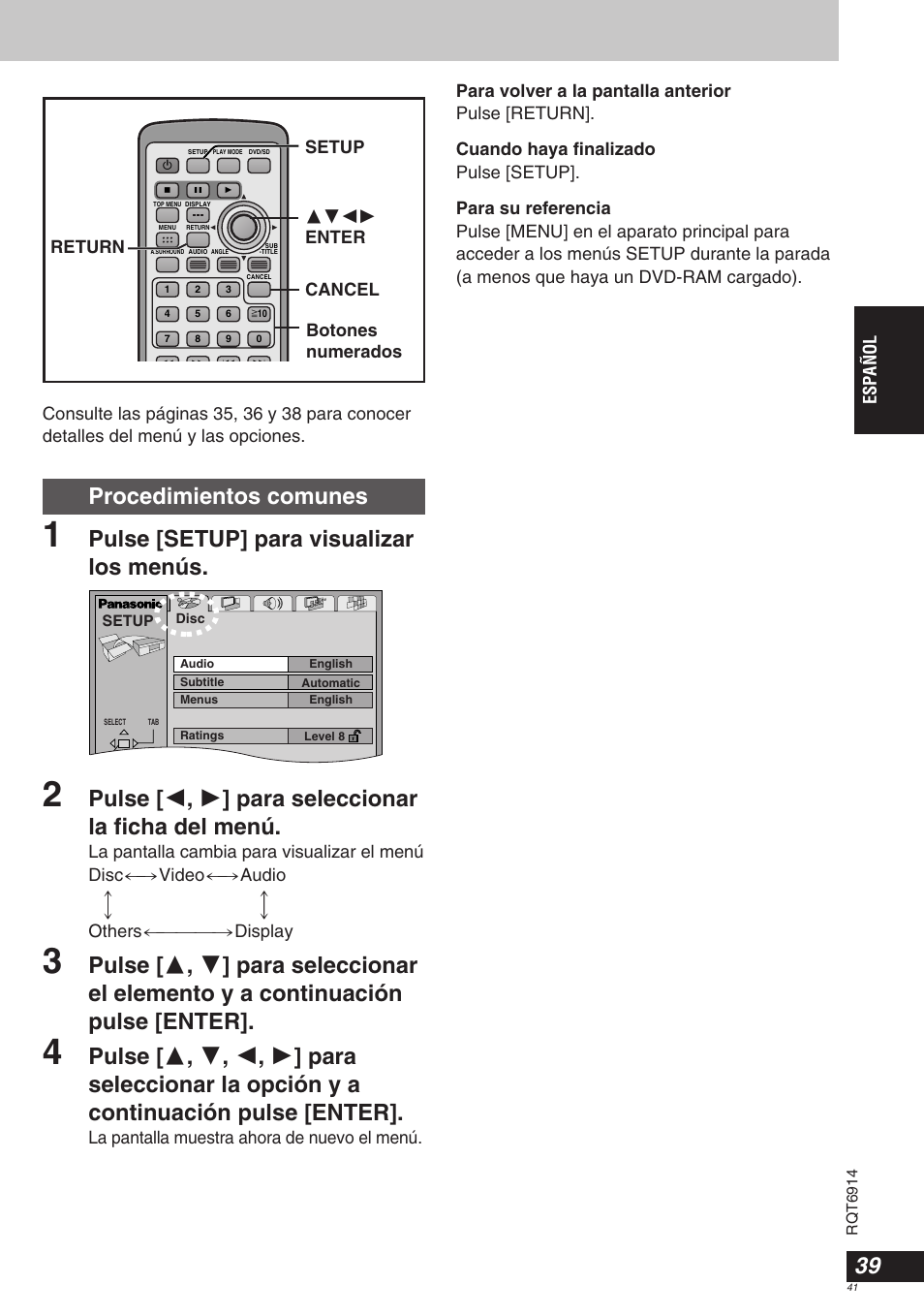 Procedimientos comunes, Pulse [setup] para visualizar los menús, Pulse [ 2 , 1 ] para seleccionar la ficha del menú | Español, La pantalla muestra ahora de nuevo el menú. eu eu | Panasonic DVDLX9 User Manual | Page 41 / 108