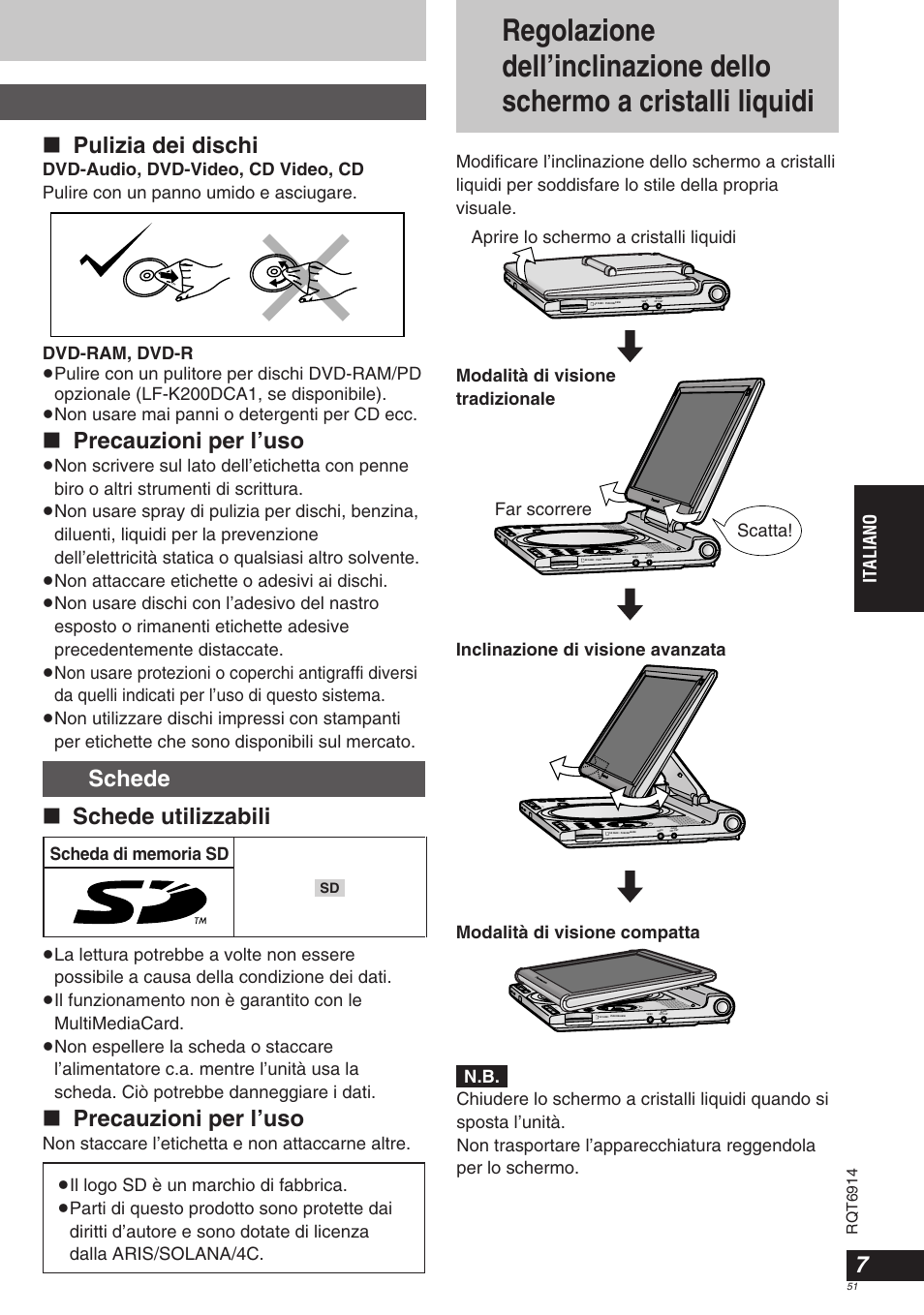Pulizia dei dischi, Precauzioni per l’uso, Schede ∫ schede utilizzabili | Italiano, Rqt6914 | Panasonic DVDLX9 User Manual | Page 51 / 108