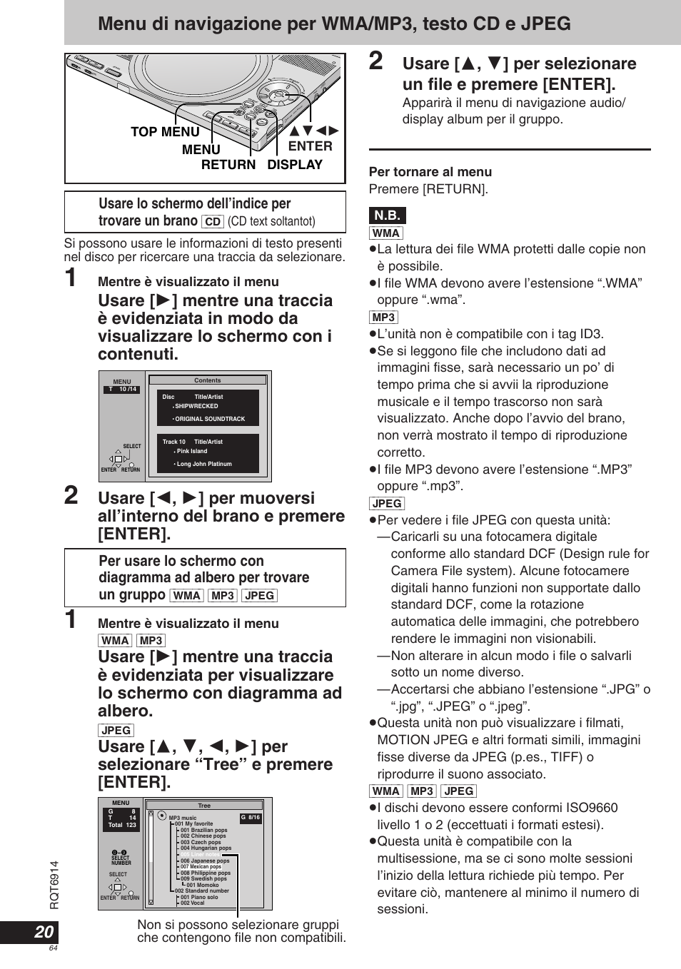 Menu di navigazione per wma/mp3, testo cd e jpeg, Usare lo schermo dell’indice per trovare un brano, Return display | Menu top menu 3421 enter, Cd] (cd text soltantot), Mentre è visualizzato il menu, Mentre è visualizzato il menu [wma] [mp3, Jpeg, Rqt6914 | Panasonic DVDLX9 User Manual | Page 64 / 108