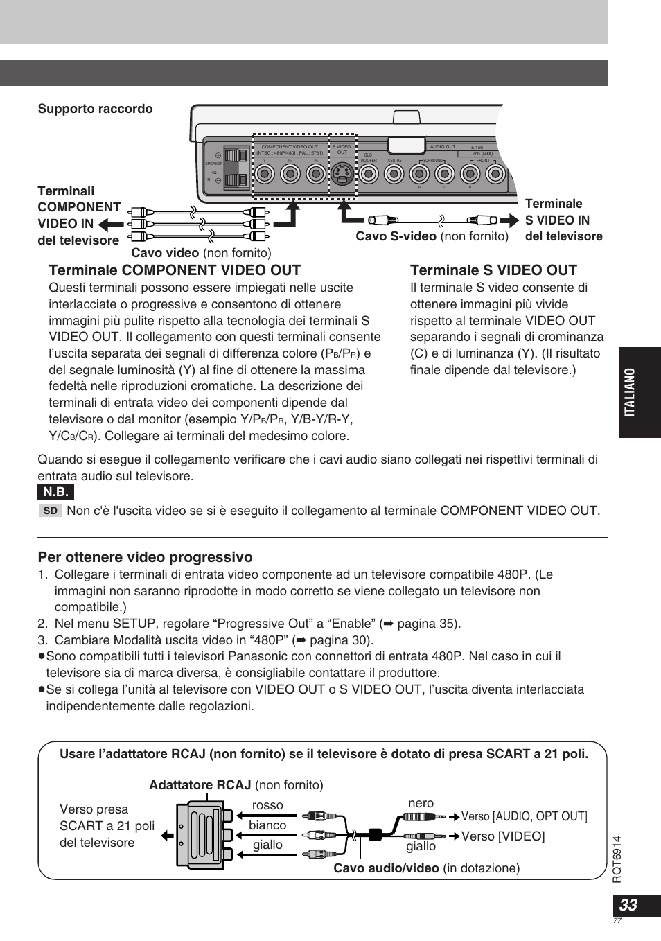 Terminale component video out, Terminale s video out, Per ottenere video progressivo | Italiano, Y/b-y/r-y, y/c, Collegare ai terminali del medesimo colore | Panasonic DVDLX9 User Manual | Page 77 / 108