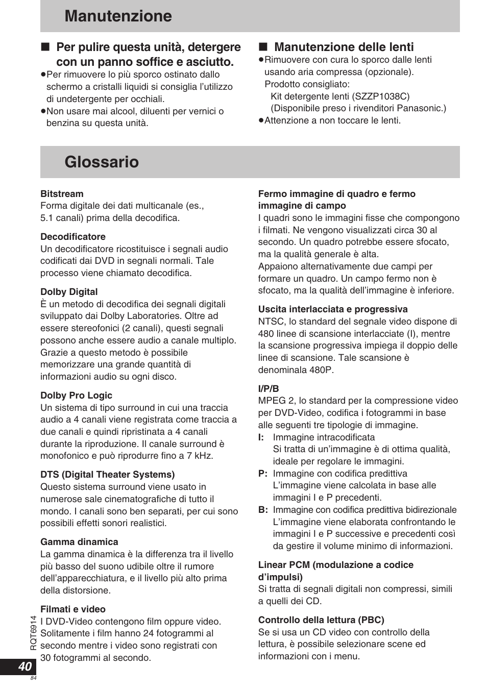 Glossario, Manutenzione, Manutenzione delle lenti | Panasonic DVDLX9 User Manual | Page 84 / 108