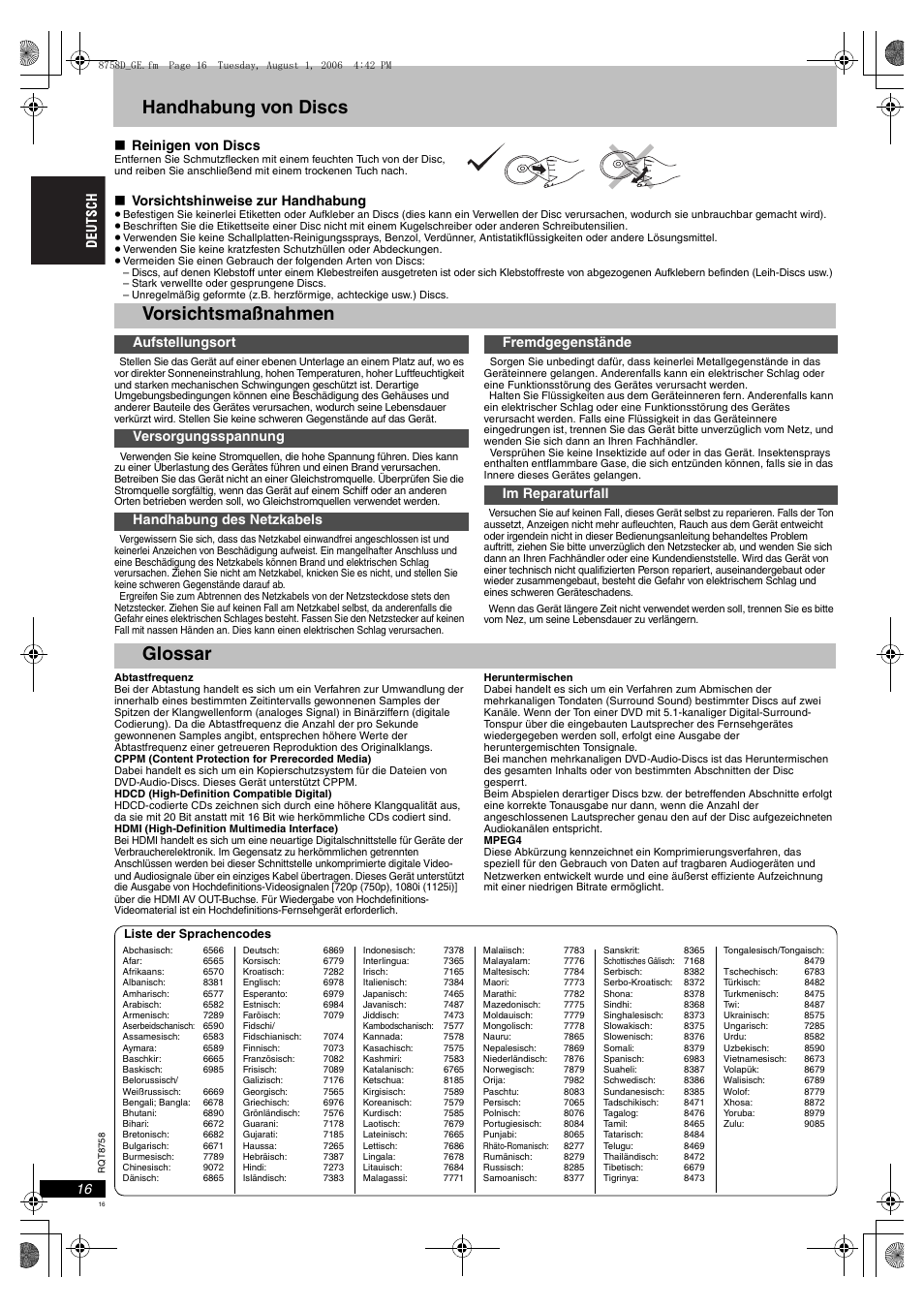 Handhabung von discs, Vorsichtsmaßnahmen, Glossar | Reinigen von discs, Vorsichtshinweise zur handhabung | Panasonic DVDS99 User Manual | Page 16 / 116